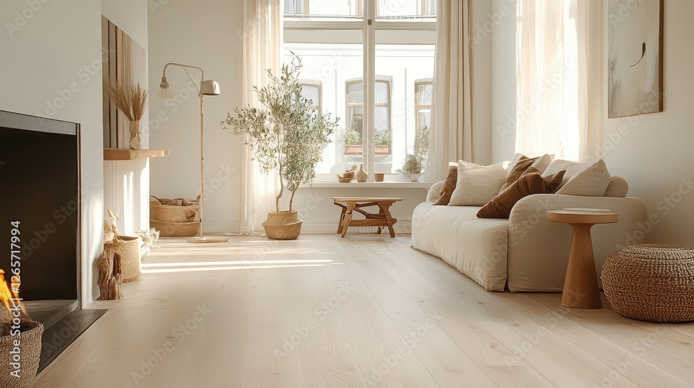 Fototapeta premium Interior living room showcases minimalist decor with light color palette