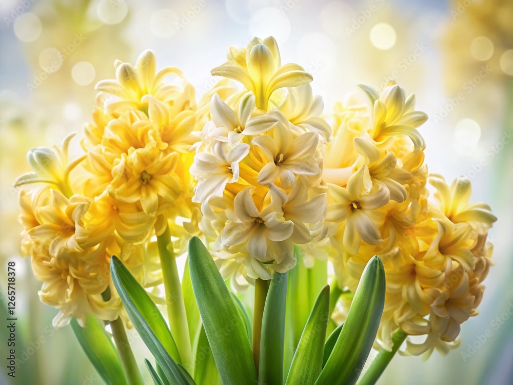 Obraz premium Double Exposure Spring Hyacinth Flower Bloom, Yellow Hyacinthus Bulbs, Closeup Macro Shot on White