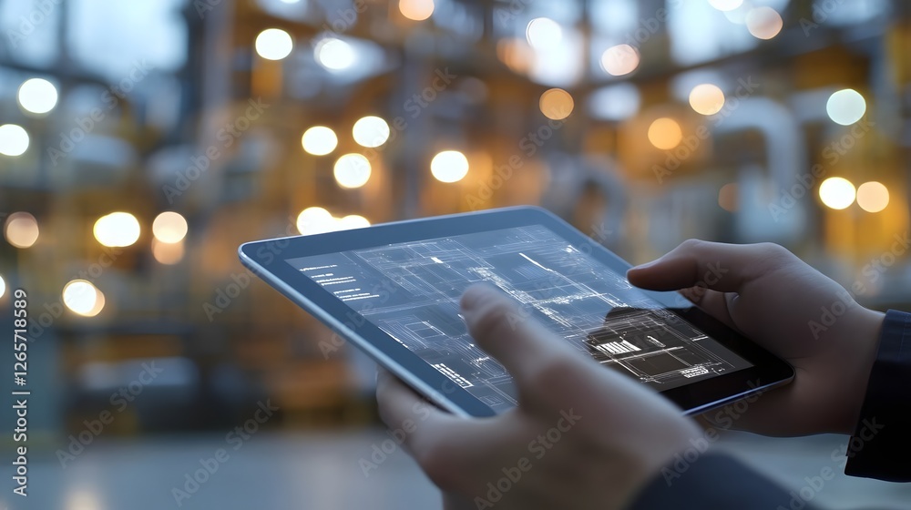 Hands holding a tablet with a blurred chemical plant refinery in the background, symbolizing smart industry 4.0, automation, smart and tdigital management in industrial settings, advanced technology, Hands holding a tablet with a blurred chemical plant refinery in the background, symbolizing smart industry 4.0, automation, smart and tdigital management in industrial settings, advanced technology,