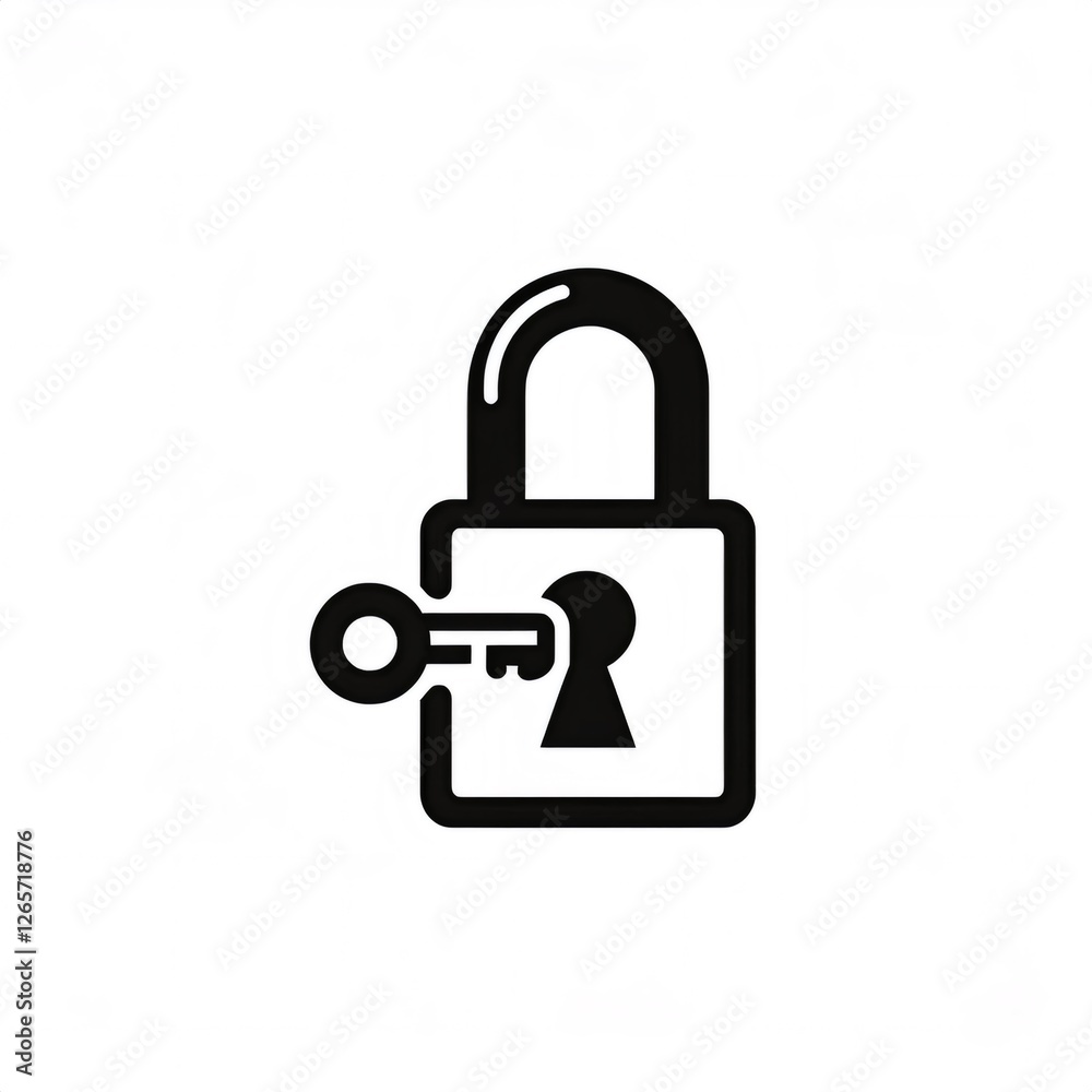 Simple black and white icon of a key unlocking a padlock, representing security, privacy, and data protection Simple black and white icon of a key unlocking a padlock, representing security, privacy, and data protection