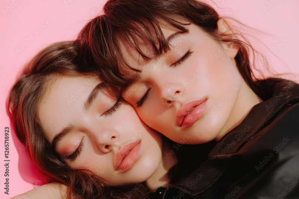 Two young women with brown hair gently leaning against each other with closed eyes in a vibrant pink background during a peaceful moment Two young women with brown hair gently leaning against each other with closed eyes in a vibrant pink background during a peaceful moment