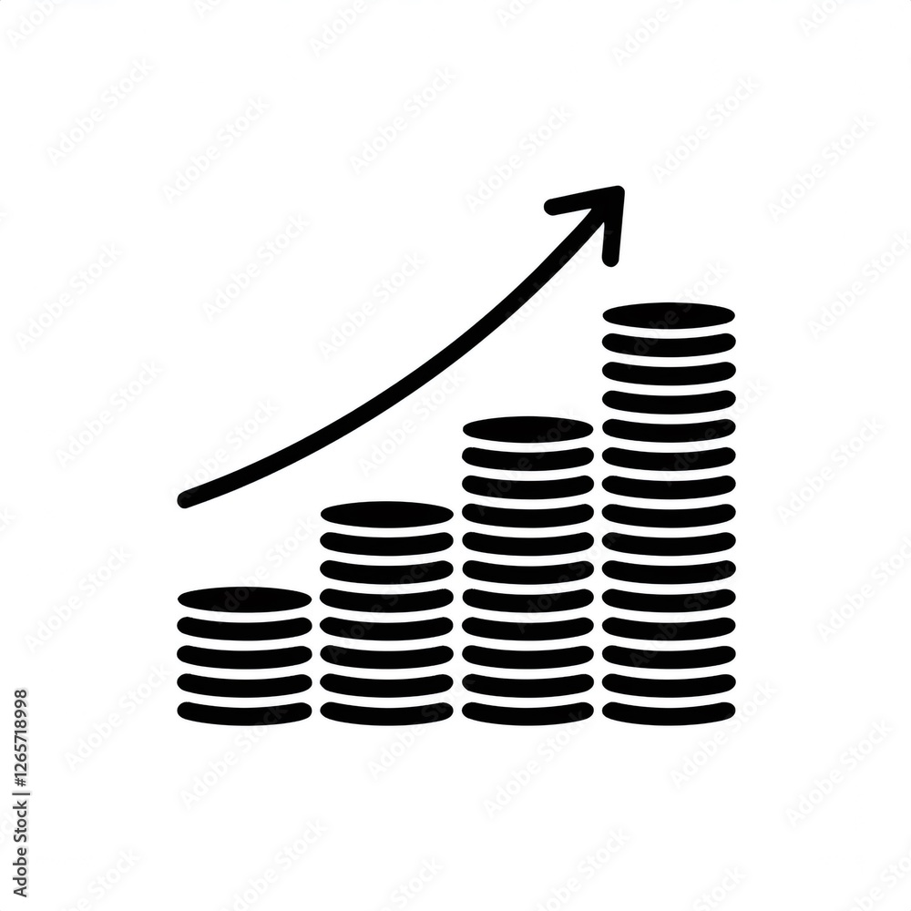Increasing stacks of coins with upward trending arrow representing profit, investment growth and financial success