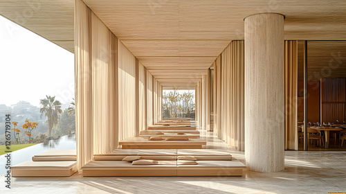 Serene spa corridor, hillside pool view, minimalist design, relaxation retreat