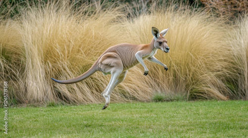 A kangaroo gracefully hops across a grassy field with tall grass in the background, showcasing its agility and strength.