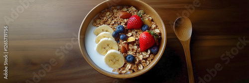 A delicious bowl of yogurt topped with fresh fruits and granola on a wooden table, accompanied by a wooden spoon.