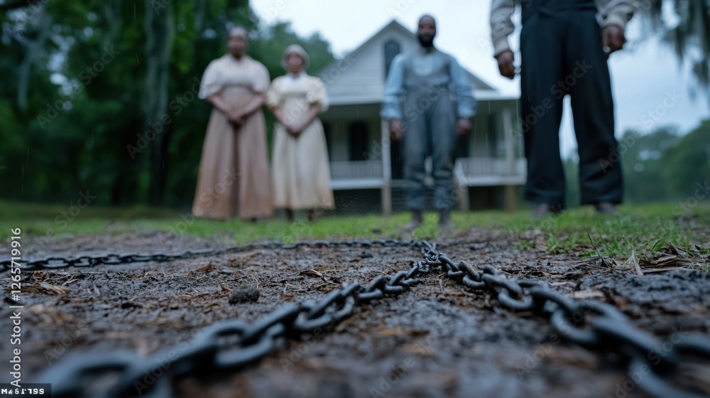 Fototapeta premium Three people standing in front of a house with chains on the ground