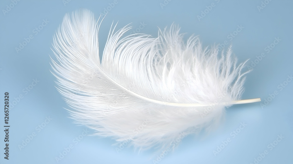 Single white feather on light blue background; softness, lightness, purity concept; website or print design Single white feather on light blue background; softness, lightness, purity concept; website or print design