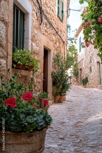 A charming cobblestone street flanked by potted plants, perfect for a serene atmosphere