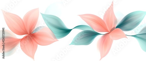 Abstract Tropical leaves in pink and teal on a white background