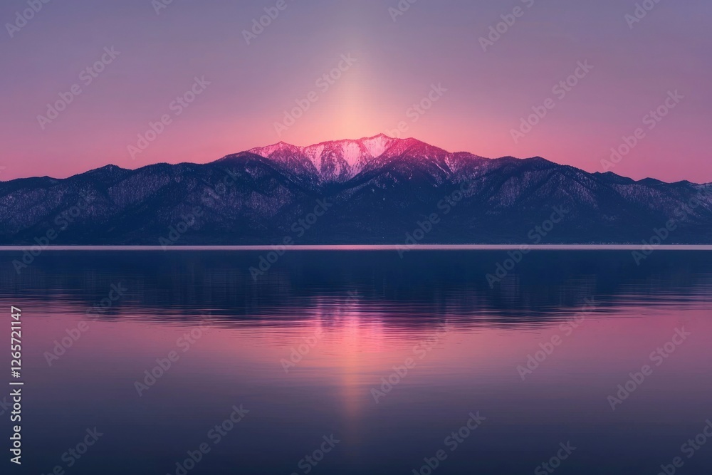 Dawn light reflects on water from snow capped mountain range background Dawn light reflects on water from snow capped mountain range background