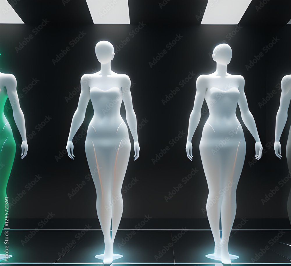 Abstract surrealistic - illustration of glass statue of several people standing in pose. Concept project. mindfulness and meditation. Futuristic. cyberpunk. innovation. generative ai