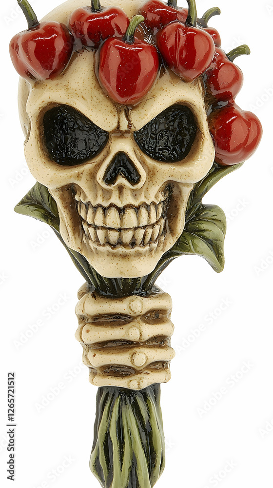 Naklejka premium Skull holding bouquet of cherries. Decorative object. Possible use for decoration