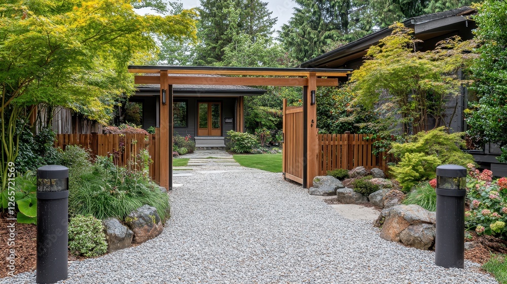 Beautiful modern house entrance with wooden gate and landscaping Beautiful modern house entrance with wooden gate and landscaping