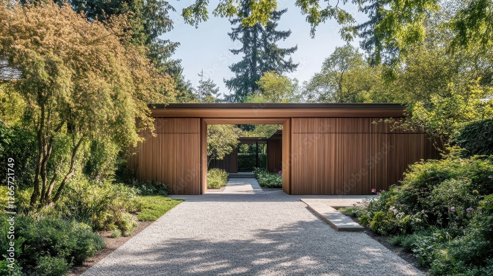 Fototapeta premium Wooden gateway entrance leads into a lush green garden