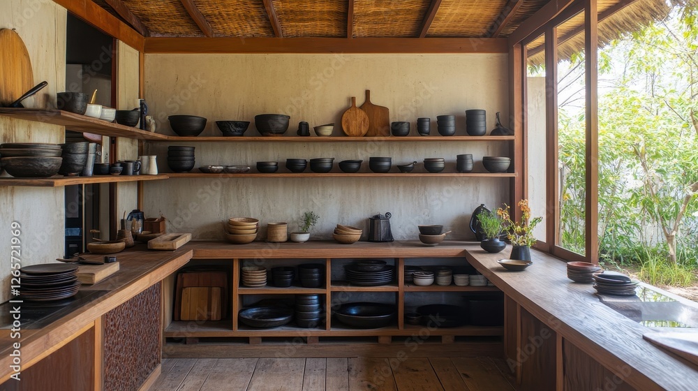 Bright kitchen with wood shelving and an outdoor view Bright kitchen with wood shelving and an outdoor view
