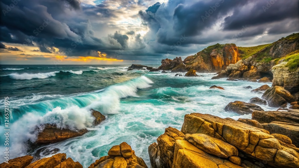 Fototapeta premium Dramatic Coastal Landscape: Raging Sea and Rocky Shore Under Cloudy Skies