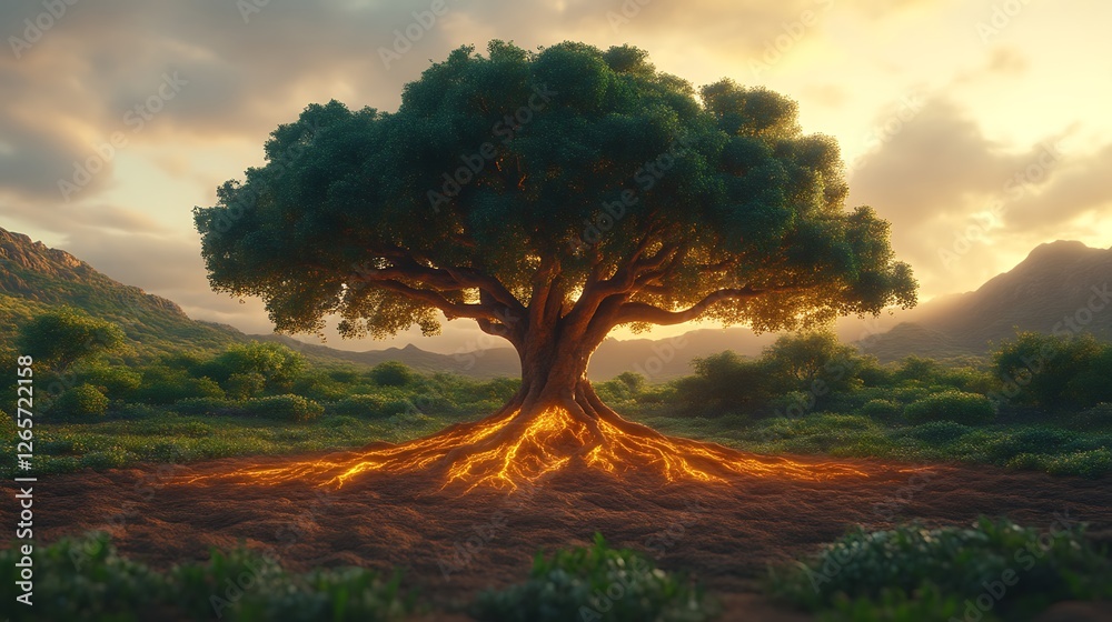 Fototapeta premium Majestic Tree Glowing Roots Landscape Sunset Scene