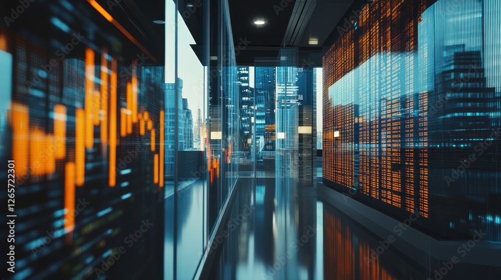Fototapeta premium Financial Data Display in Modern Office Reflecting Cityscape Scenery