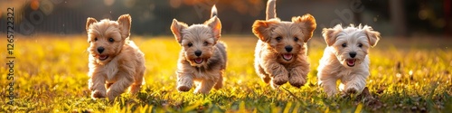 Four Adorable Puppies Running Joyfully in a Golden Meadow