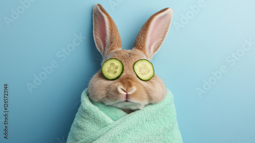 Adorable bunny relaxing in spa with cucumber slices on its eyes, wrapped in soft towel