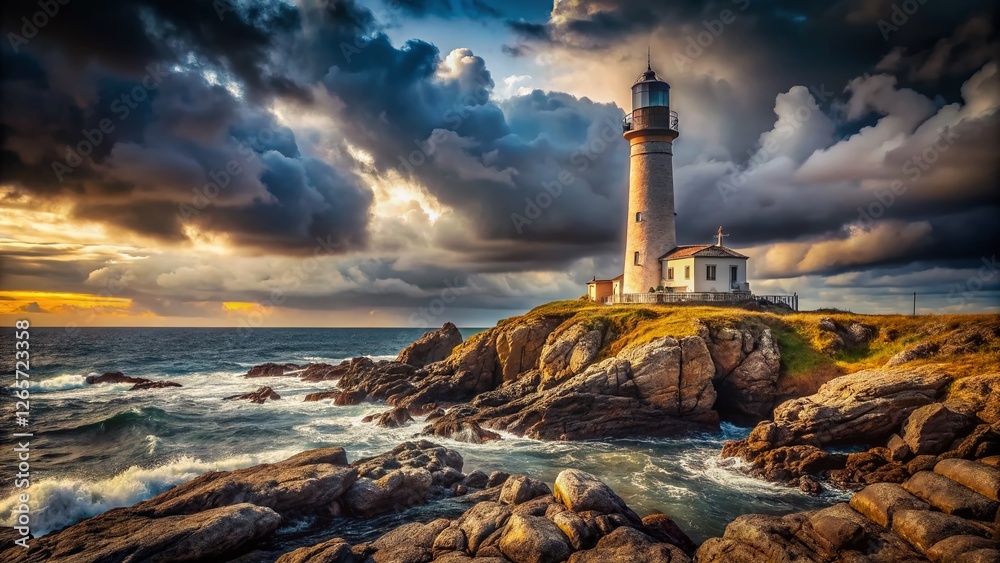 Fototapeta premium Dramatic Lighthouse on Rocky Coast, Cloudy Sky - Stock Photo