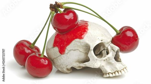 Still life of a skull with cherries and cherry juice, isolated on white;  conceptual image for mortality or health themes photo