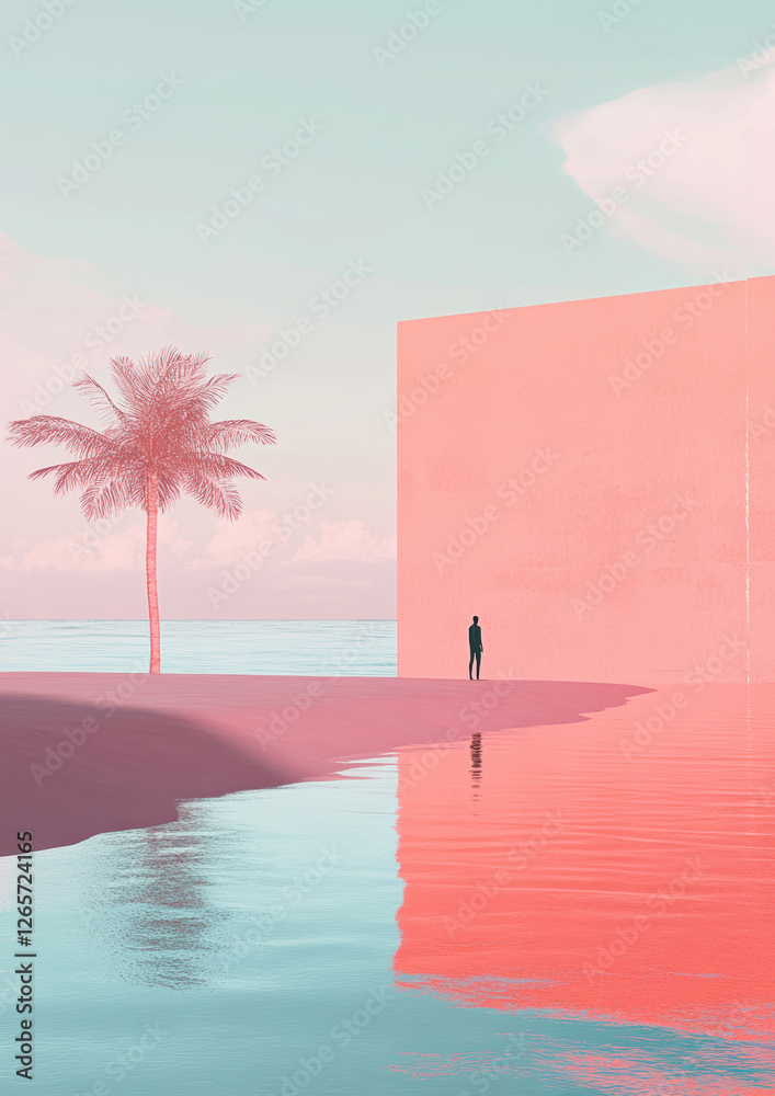 Fototapeta premium A surreal scene with a lone figure beside a pastel coral wall and palm tree, reflecting still waters and a dreamy horizon.