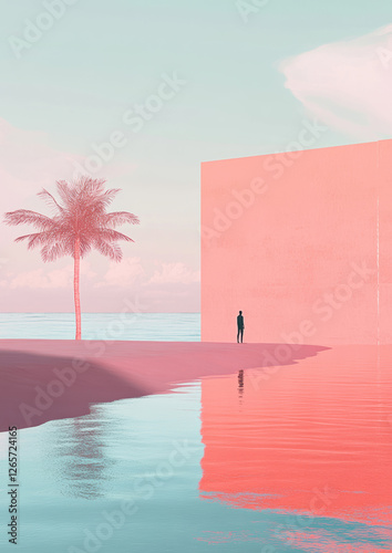 A surreal scene with a lone figure beside a pastel coral wall and palm tree, reflecting still waters and a dreamy horizon.