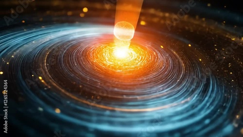 Cosmic energy vortex with glowing particles swirling in a deep space background
