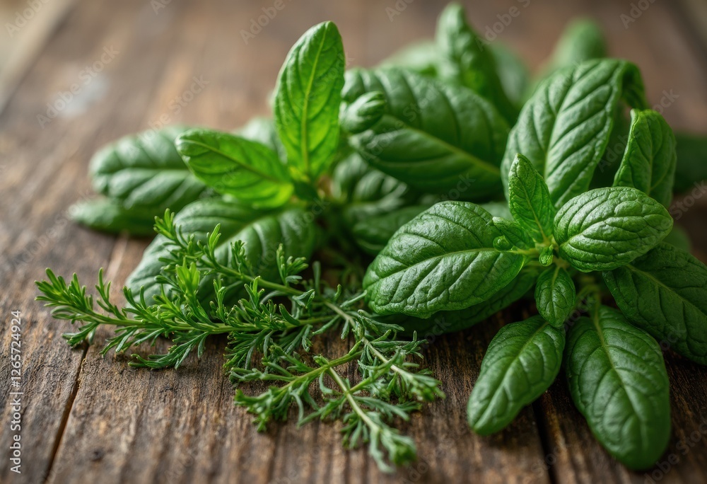 A close-up photograph of fresh mint leaves on a wooden surface A close-up photograph of fresh mint leaves on a wooden surface