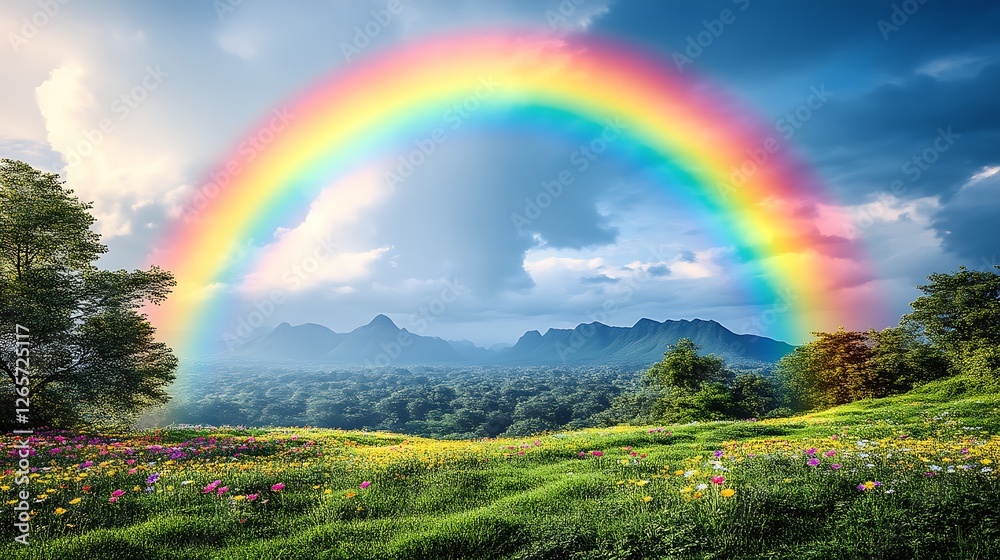 Naklejka premium Rainbow Arcing Over Lush Field and Mountain Range