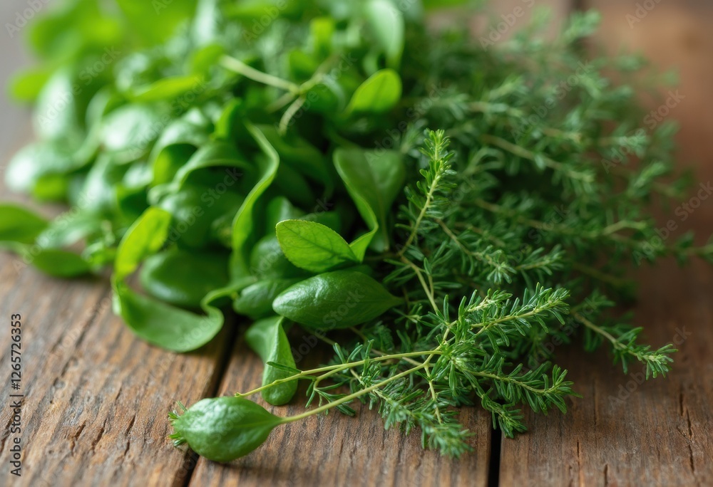 A Collection of Fresh Herbs on a Wooden Surface A Collection of Fresh Herbs on a Wooden Surface