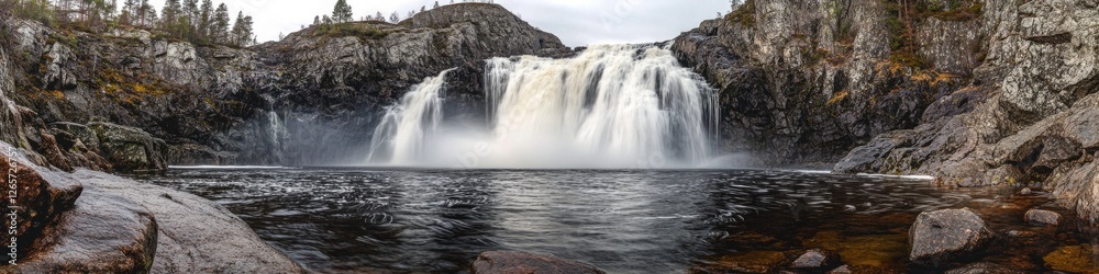 A scenic photo of a waterfall surrounded by rocks and greenery, perfect for use in outdoor adventure or nature-themed projects A scenic photo of a waterfall surrounded by rocks and greenery, perfect for use in outdoor adventure or nature-themed projects