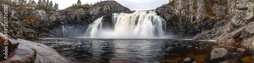 A scenic photo of a waterfall surrounded by rocks and greenery, perfect for use in outdoor adventure or nature-themed projects