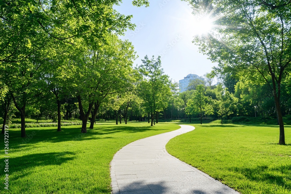 Serene park pathway winding through lush greenery under a bright sun Serene park pathway winding through lush greenery under a bright sun