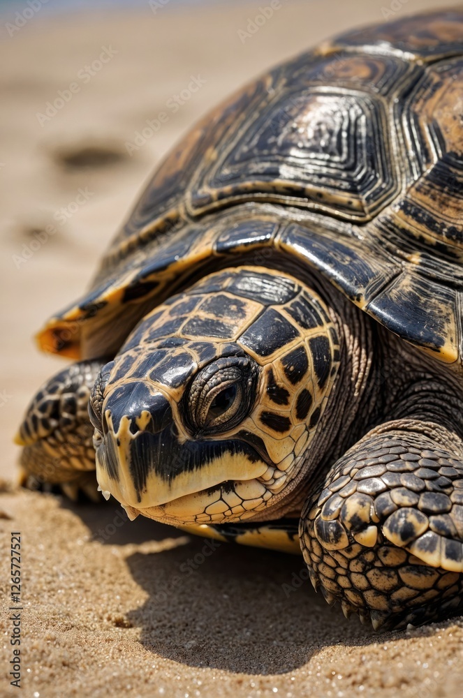 A close-up of a turtle resting on sandy beach. A close-up of a turtle resting on sandy beach.