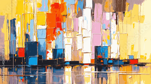 Vibrant Abstract Cityscape With Golden Yellows, Fiery Reds, and Deep Blues Reflecting Urban Energy, Geometric Depth, and Architectural Motion in a Dynamic Colorful Composition
