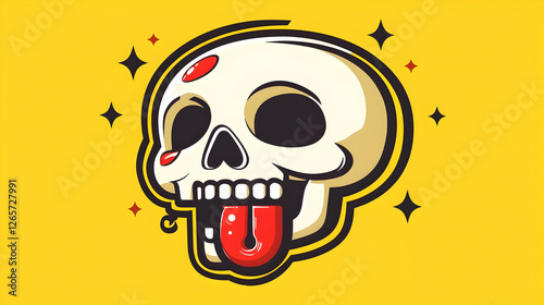 Cartoon skull with tongue out, yellow background, playful design, ideal for Halloween or pop culture projects