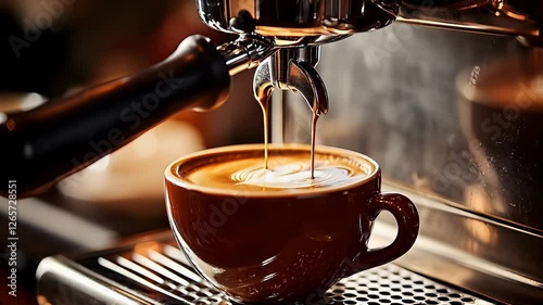 Creamy arabica coffee is slowly percolated from a barista espresso machine, filling a cappuccino cup with an heart of milk art, as the camera moves sideways