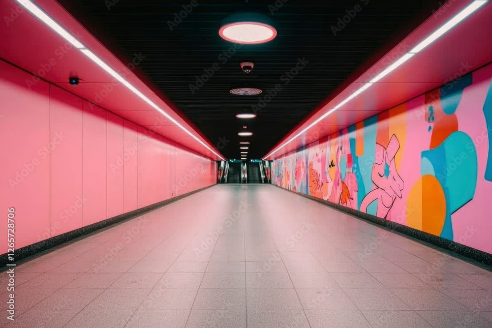 Subway tunnel art with escalator background for commuting, travel, or urban scene Subway tunnel art with escalator background for commuting, travel, or urban scene