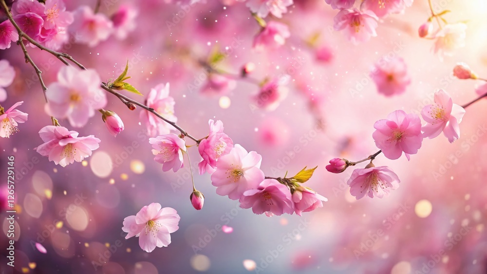Dreamy Pink Sakura Petals Falling on Bokeh Background - Spring Blossom Stock Photo Dreamy Pink Sakura Petals Falling on Bokeh Background - Spring Blossom Stock Photo