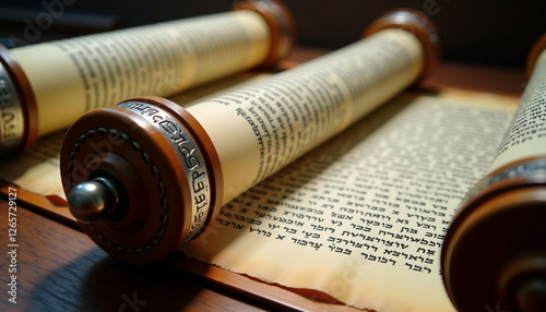 Open Torah scroll with Hebrew script on a table photo