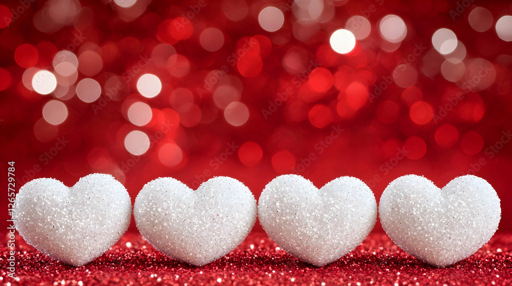 Fototapeta premium Four white glitter hearts on red sparkling background; Valentine's Day card design