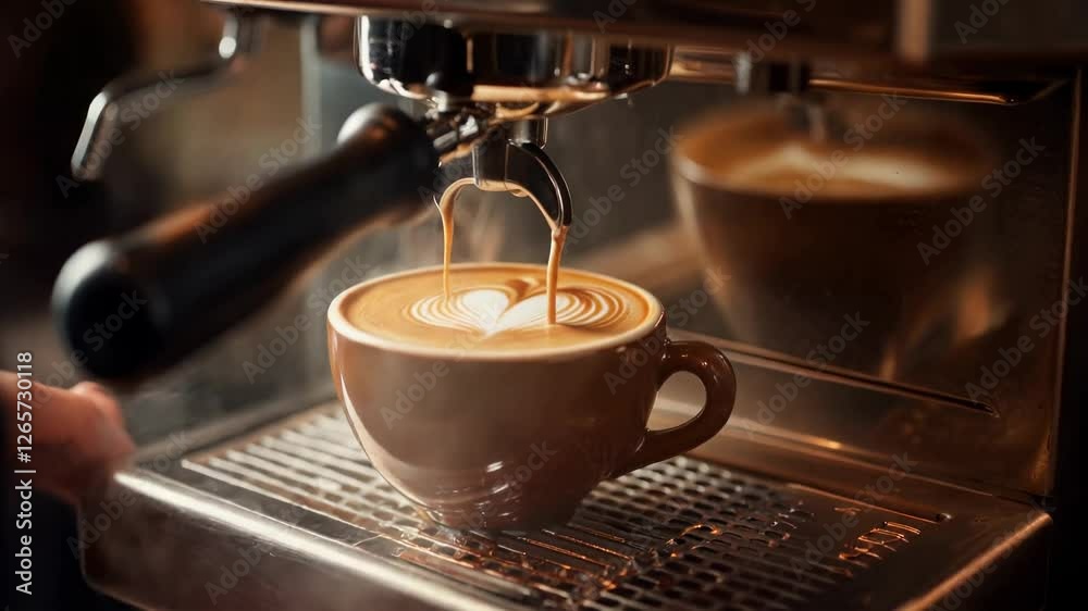 A stage in the preparation of a cappuccino, the creamy coffee is dispensed from a bar coffee machine, releasing a cloud of steam, cappuccino with a milk art heart, the camera slowly approaches