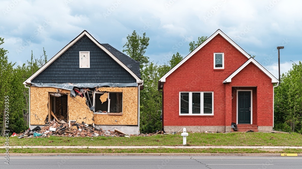 Home insurance property and earthquake, A divided image shows a dilapidated house on the left and a newly renovated one on the right, highlighting the contrast between decay and restoration. Home insurance property and earthquake, A divided image shows a dilapidated house on the left and a newly renovated one on the right, highlighting the contrast between decay and restoration.
