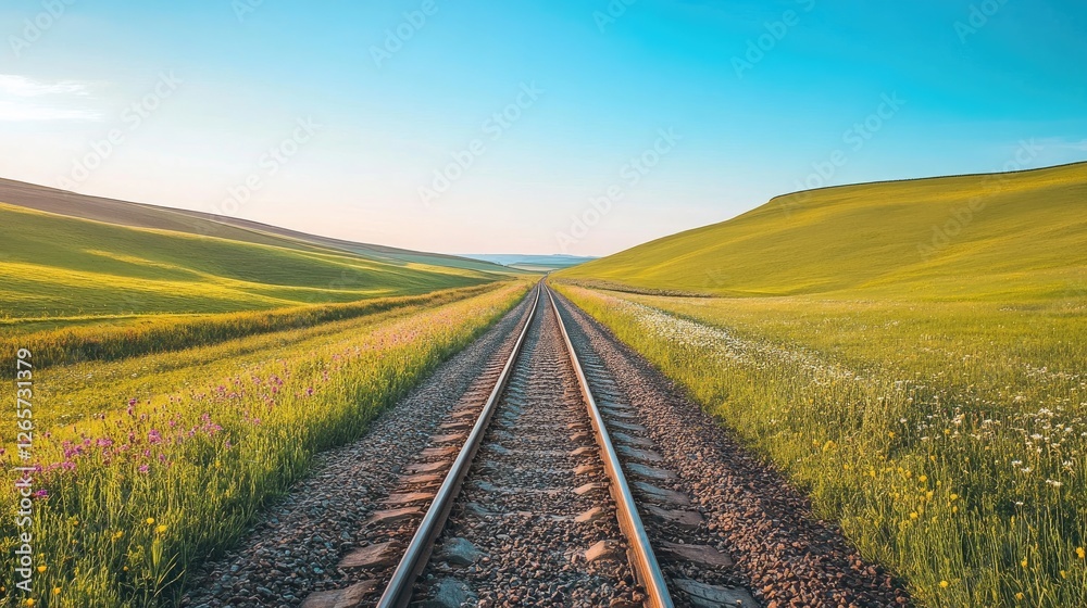 A journey through rolling green hills, with wildflowers blooming alongside the railway tracks under a clear blue sky. A journey through rolling green hills, with wildflowers blooming alongside the railway tracks under a clear blue sky.