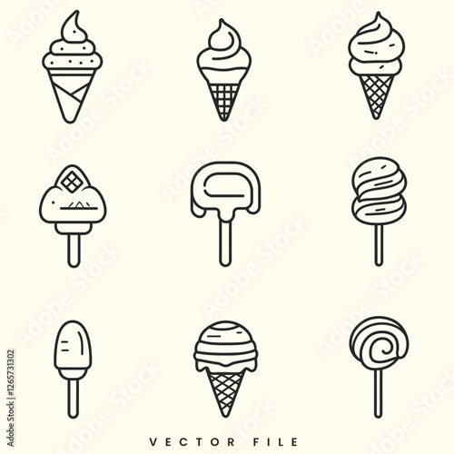 Collection of Ice Cream in Different Flavors and Cones, Including Chocolate, Vanilla, Strawberry, and Fruit, Perfect for Summer Treats and Desserts