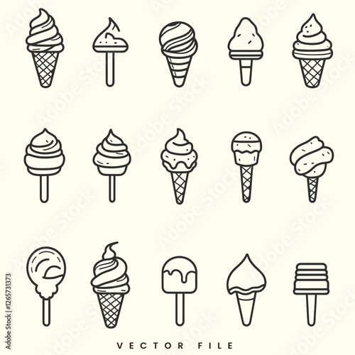 Collection of Ice Cream in Different Flavors and Cones, Including Chocolate, Vanilla, Strawberry, and Fruit, Perfect for Summer Treats and Desserts