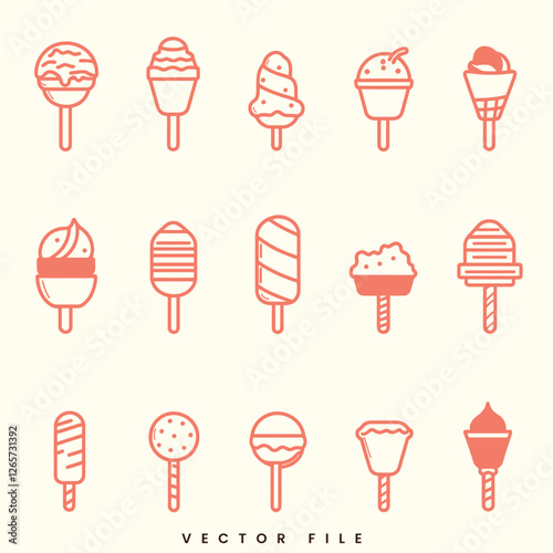 Collection of Ice Cream in Different Flavors and Cones, Including Chocolate, Vanilla, Strawberry, and Fruit, Perfect for Summer Treats and Desserts