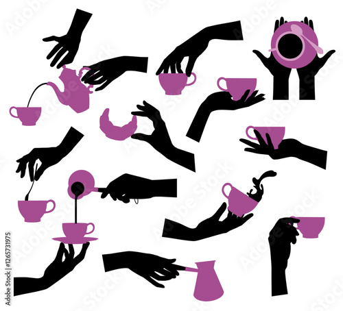 Set of icons of black silhouettes of female hands holding pink coffee cups, dishes and food products isolated on white. Vector illustration in flat style